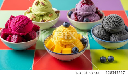 Colorful Artisan Ice Cream Scoops with Fresh Fruits in Ceramic Bowls on Vibrant Geometric Background Colorful Artisan Ice Cream Scoops with Fresh Fruits in Ceramic Bowls on Vibrant Geometric Background 128545517