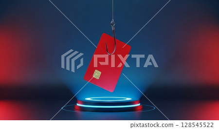 Cybersecurity Phishing Concept Red Credit Card Suspended on Fishing Hook Digital Fraud Warning Cybersecurity Phishing Concept Red Credit Card Suspended on Fishing Hook Digital Fraud Warning 128545522