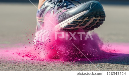 Dynamic Running Shoe Stepping on Vibrant Pink Powder Creating Explosive Color Burst Effect 128545524