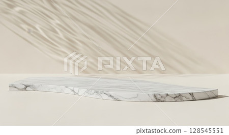 Minimalist White Marble Platform Podium with Soft Palm Leaf Shadow on Neutral Beige Background Minimalist White Marble Platform Podium with Soft Palm Leaf Shadow on Neutral Beige Background 128545551