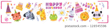 Kids animal happy birthday party print hand drawn baby cute celebration character set, funny giraffe 128545596