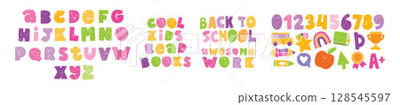 Kindergarten cartoon alphabet, kids cute font, vector hand drawn crayon letters, back to school icon Kindergarten cartoon alphabet, kids cute font, vector hand drawn crayon letters, back to school icon 128545597