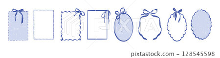 Doodle line frame, ribbon bow border set, vector hand drawn coquettish wedding decor, elegant lace.  128545598
