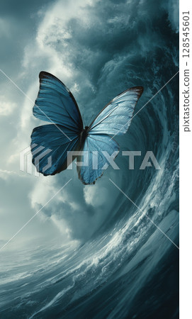 Blue butterfly gracefully flies in front of massive wave, creating chaos theory dramatic and surreal scene 128545601