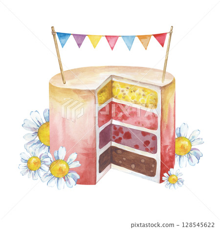A bright birthday cake with colorful flags and daisy flowers. Watercolor illustration with a cake and wildflowers on a white background. A template for greeting cards, invitations, and scrapbooking. A bright birthday cake with colorful flags and daisy flowers. Watercolor illustration with a cake and wildflowers on a white background. A template for greeting cards, invitations, and scrapbooking. 128545622