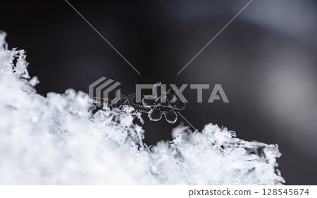 Macro snowflakes showing intricate winter details on dark background Macro snowflakes showing intricate winter details on dark background 128545674