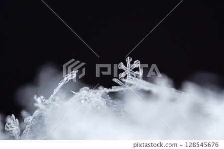 Macro snowflakes showing intricate winter details on dark background Macro snowflakes showing intricate winter details on dark background 128545676