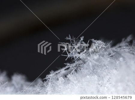 Macro snowflakes showing intricate winter details on dark background 128545679