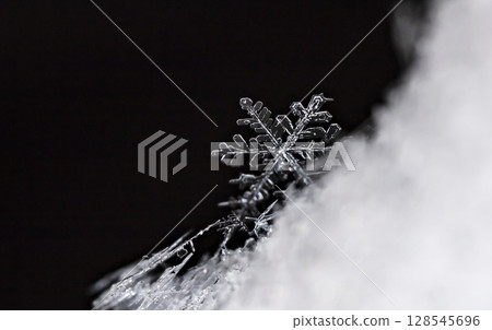 Macro snowflakes showing intricate winter details on dark background Macro snowflakes showing intricate winter details on dark background 128545696