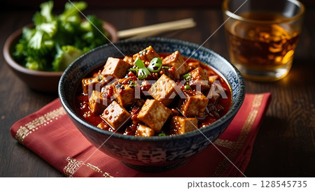Traditional Mapo Tofu in Red Chili Oil with Ground Pork Served in Chinese Bowl Shot from Tilted Side Angle in Bold Lighting Traditional Mapo Tofu in Red Chili Oil with Ground Pork Served in Chinese Bowl Shot from Tilted Side Angle in Bold Lighting 128545735