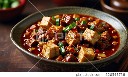 Hot and Spicy Mapo Tofu with Pork Served in Chinese Ceramic Bowl Styled with Fiery Red Sauce and Rich Colorful Presentation 128545736