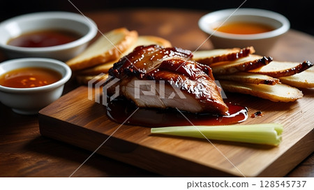 Crispy Sliced Peking Duck on Wooden Board Served with Pancakes Scallions and Sauce in Rich Warm Light and Soft Shadows Crispy Sliced Peking Duck on Wooden Board Served with Pancakes Scallions and Sauce in Rich Warm Light and Soft Shadows 128545737