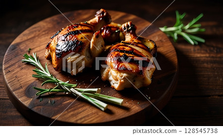 Grilled Chicken with Garlic and Herbs Styled on Rustic Board in Dark Background with Warm Vintage Shadows and Moody Light 128545738