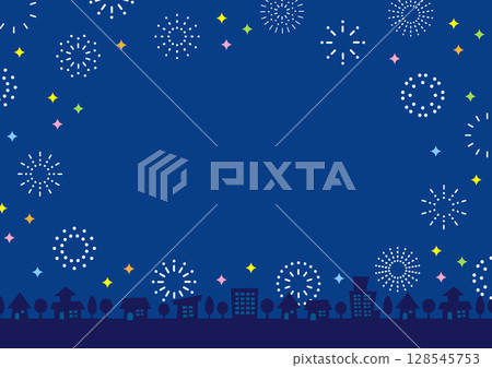 Fireworks at the fireworks festival and cityscape, dark blue 128545753