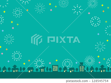 Fireworks at the fireworks festival and cityscape, green 128545754