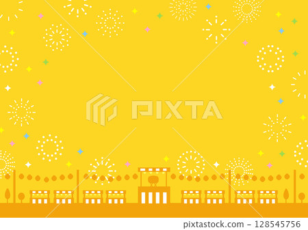 Bon Odori and fireworks festival fireworks and cityscape, yellow Bon Odori and fireworks festival fireworks and cityscape, yellow 128545756