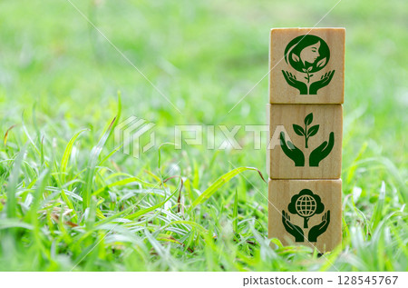 Stacked wooden cubes with environmental icons on green grass Stacked wooden cubes with environmental icons on green grass 128545767