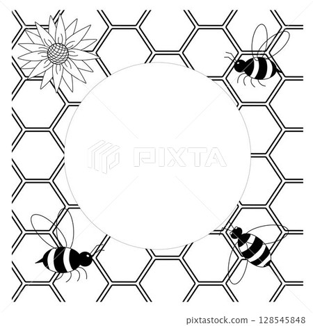 Honey abstract background, honeycomb Frame circle round template. Vector graphic line illustration. design for fashion graphics, textile prints, fabrics, wallpapers. 128545848