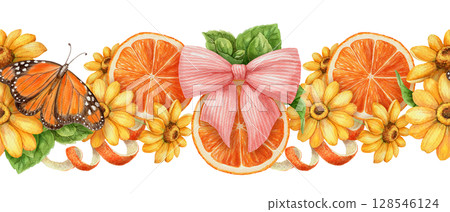 Vibrant summer seamless border with yellow sunflower monarch butterfly and orange slice in watercolor style. Hand drawn element ideal for holiday card nature print and tropical decorative design. 128546124
