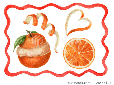 Set with orange slice sorbet and twisted peel in woven frame. Hand drawn watercolor food illustration of bright citrus. Ideal for summer card design or holiday menu and tropical invitation art. 128546127