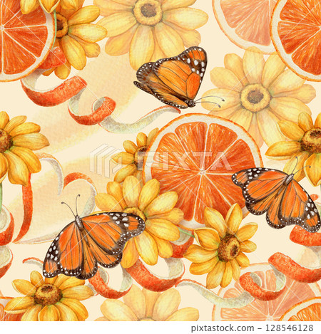 Seamless pattern with monarch butterflies and flower. Hand drawn watercolor background in bright yellow and orange colors. Ideal for fabric or wallpaper summer decoration and tropical print concepts. Seamless pattern with monarch butterflies and flower. Hand drawn watercolor background in bright yellow and orange colors. Ideal for fabric or wallpaper summer decoration and tropical print concepts. 128546128