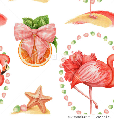 Seamless pattern with flamingo hibiscus and orange in watercolor trendy style. Pink tropical illustration on white background. Perfect for summer fabric or wallpaper and romantic decorative print. Seamless pattern with flamingo hibiscus and orange in watercolor trendy style. Pink tropical illustration on white background. Perfect for summer fabric or wallpaper and romantic decorative print. 128546130