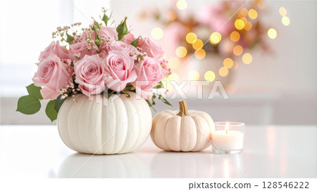 Halloween pale pink rose flower arrangement and white pumpkin 128546222