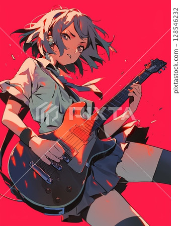 一個拿著吉他看起來很高興的女孩 128546232
