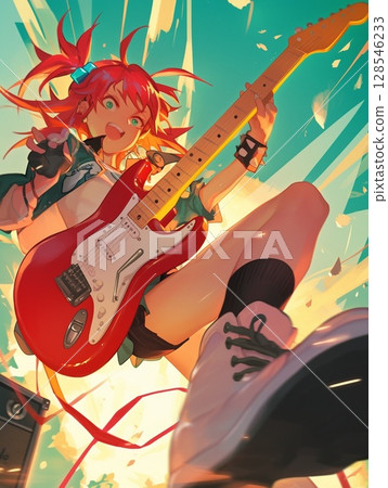 一個拿著吉他看起來很高興的女孩 128546233