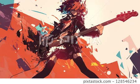 一個拿著吉他看起來很高興的女孩 一個拿著吉他看起來很高興的女孩 128546234