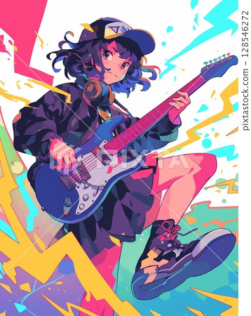 一個拿著吉他看起來很高興的女孩 128546272