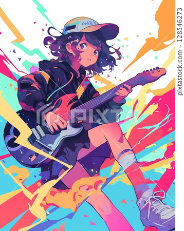 一個拿著吉他看起來很高興的女孩 一個拿著吉他看起來很高興的女孩 128546273