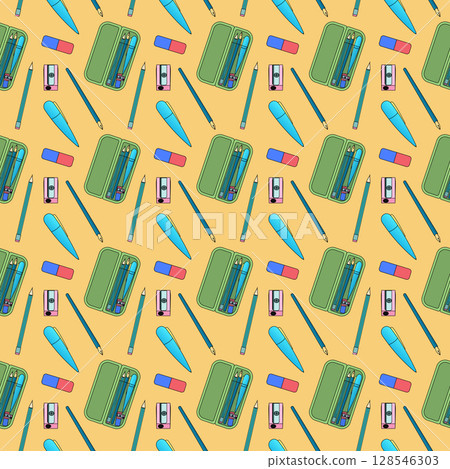 Seamless pattern with pencil cases, pens, pencils, erasers, and sharpeners on yellow background. For back to school theme, school supplies or stationery design, textile print, and wrapping paper. 128546303