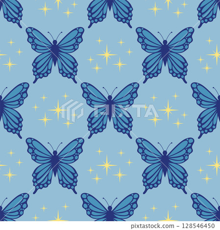 Seamless pattern with blue butterfly and tiny star in polka dot order in flat cartoon style. Seamless pattern with blue butterfly and tiny star in polka dot order in flat cartoon style. 128546450