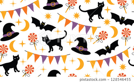 Seamless cute Halloween pattern with lollipop, witch hat, black cat, buntings, tiny stars on white background. 128546455