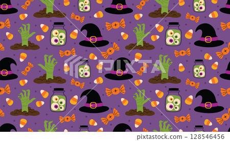 Colorful seamless Halloween pattern with zombie hands, eyeballs in the bottle, candy corns, sweets, witch hats and dots 128546456