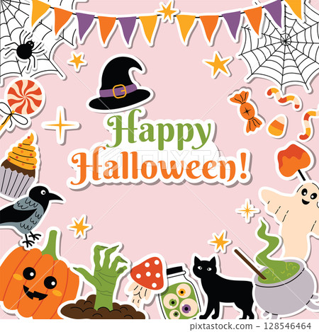 Cute Happy Halloween square greeting card with border of colorful spooky stickers in flat cartoon style. 128546464