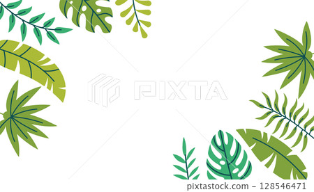 Horizontal poster or card with tropical leaf and branch border in corners in flat cartoon style. 128546471