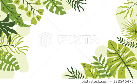 Flat cartoon style horizontal card framed in corners with tropical leaves and branches, and organic shapes. 128546475