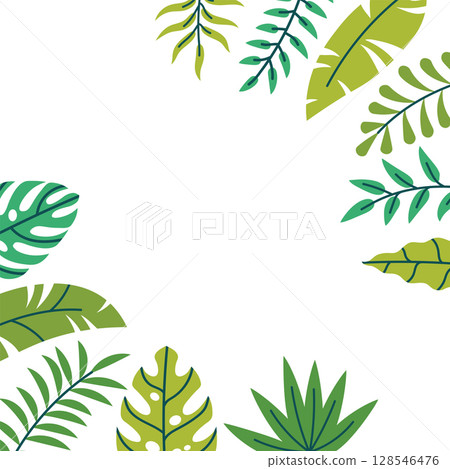 Square card or poster with tropical leaf and branch border in corners in flat cartoon style. 128546476