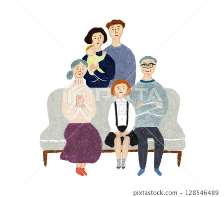 Hand-drawn illustration: An elderly couple and their family sitting on the sofa 128546489