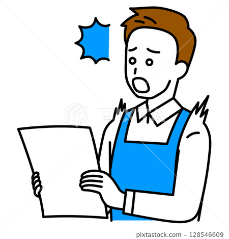 A man in an apron is surprised at a document 128546609