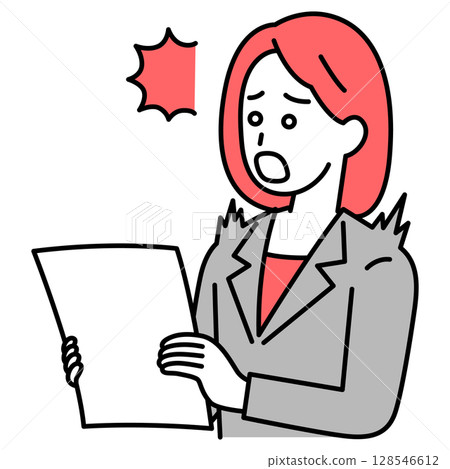 一位穿西裝的女士對這份文件感到驚訝 一位穿西裝的女士對這份文件感到驚訝 128546612