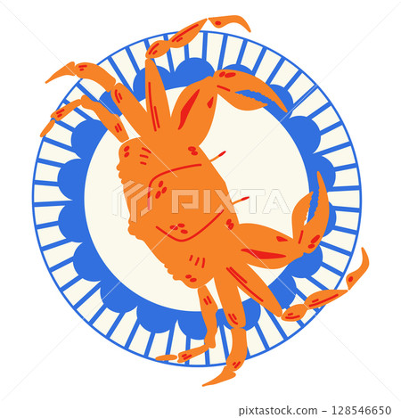 Red crab on blue plate. Seafood italian style. Red crab on blue plate. Seafood italian style. 128546650