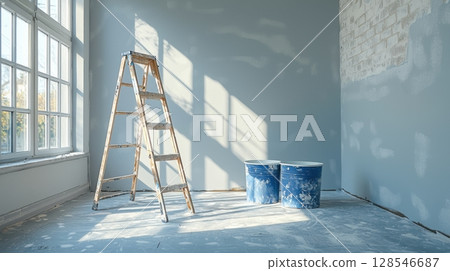 Home renovation setup with blue wall paint, buckets, and ladder in a sunny unfinished room 128546687