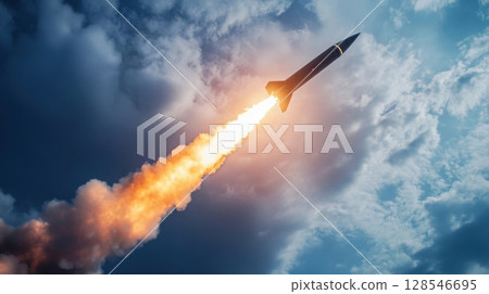 Rocket launch with flames and smoke trail against cloudy sky, concept of power and technology 128546695