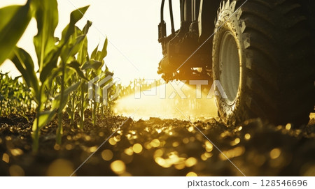 Tractor irrigating green corn rows with sprayer in a rural field at golden hour light 128546696