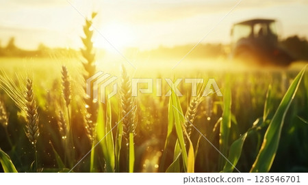 Precision agriculture concept spraying wheat with agricultural machinery in summer evening light 128546701