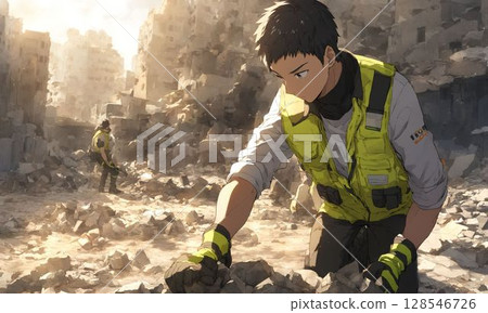 災後復原人員在災難現場齊心協力 128546726