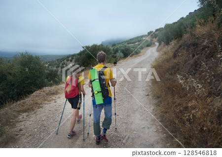 Couple Hiking Together in Scenic Mountain Landscape with Trekking Poles and Dog on Trail 128546818